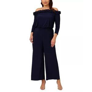 Adrianna Papell Plus Size 22W Navy Blue Off Shoulder Jersey Jumpsuit Rosette NWT